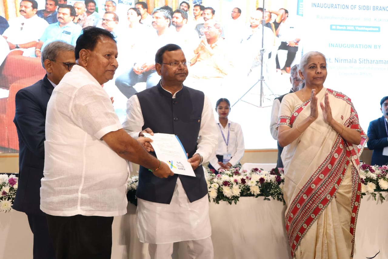 Smt @nsitharaman, along with Shri @mppchaudhary - Hon’ble Minister of State for Finance, launched the ‘New Credit Assessment Model’ based on the scoring of digital footprints of MSMEs during the post-budget interaction programme in Visakhapatnam, AP